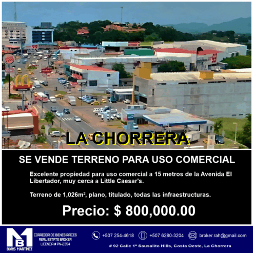 VENTA DE TERRENO PARA USO COMERCIAL EN LA CHORRERA